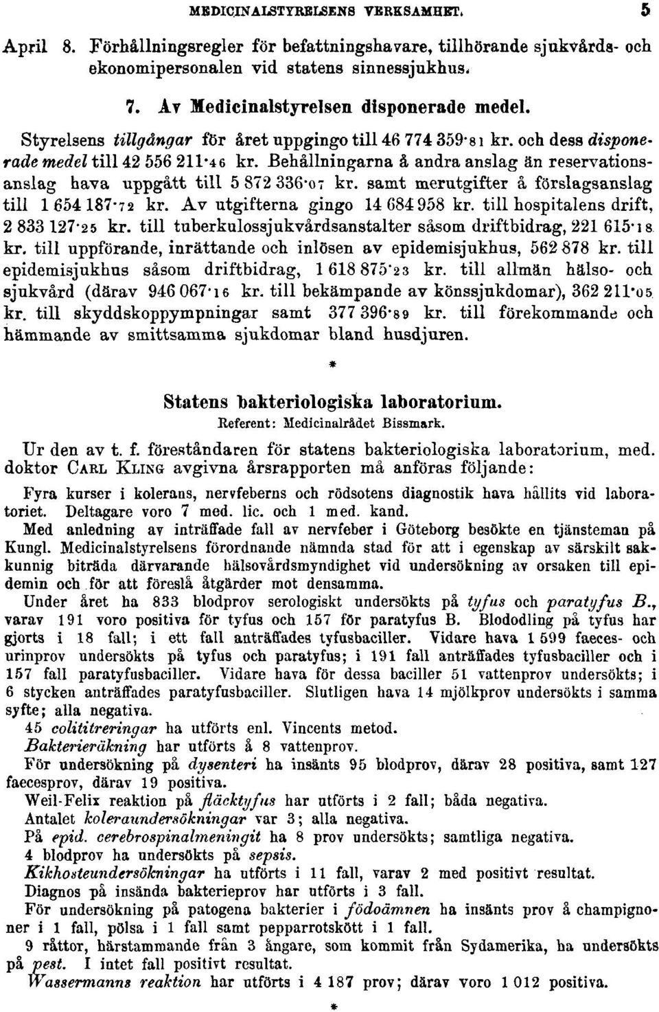 samt merutgifter å förslagsanslag till 1654187-72 kr. Av utgifterna gingo 14 684958 kr. till hospitalens drift, 2 833 127-2 5 kr. till tuberkulossjukvårdsanstalter såsom driftbidrag, 221 615-1 s kr.