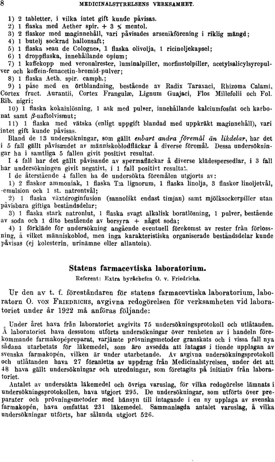 innehållande opinm; 7) 1 kaffekopp med veronalrester, luminalpiller, morfinstolpiller, acetylsalicylsyrepulver och koffein-fenacetin-bromid-pulver; 8) 1 flaska Aeth. spir. camph.