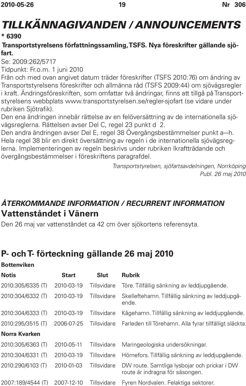 1 juni 2010 Från och med ovan angivet datum träder föreskrifter (TSFS 2010:76) om ändring av Transportstyrelsens föreskrifter och allmänna råd (TSFS 2009:44) om sjövägsregler i kraft.