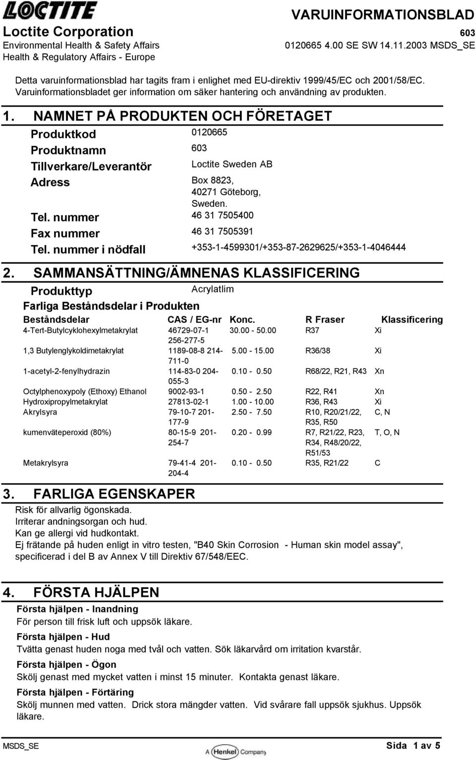 NAMNET PÅ PRODUKTEN OCH FÖRETAGET Produktkod 0120665 Produktnamn 603 Loctite Sweden AB Tillverkare/Leverantör Adress Box 8823, 40271 Göteborg, Sweden. Tel.