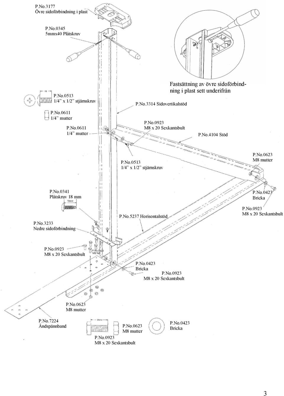 No.5237 Horisontalstöd P.No.0423 Bricka P.No.0423 Bricka P.No.0623 M8 mutter P.No.7224 Ändspännband P.No.0623 M8 mutter P.No.0423 Bricka 3