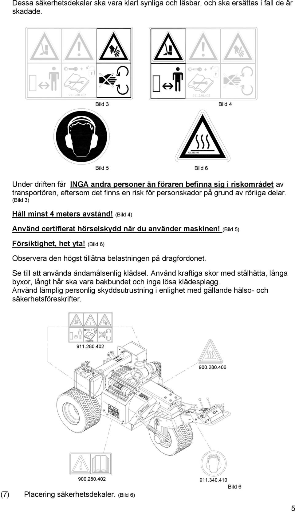 (Bild 3) Håll minst 4 meters avstånd! (Bild 4) Använd certifierat hörselskydd när du använder maskinen! (Bild 5) Försiktighet, het yta!