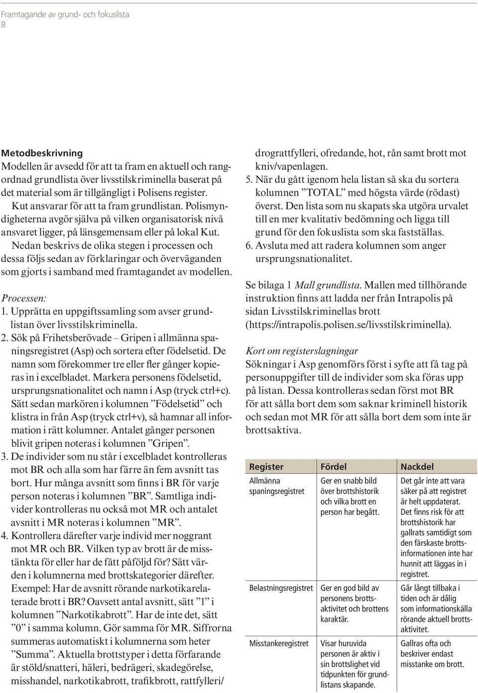 Nedan beskrivs de olika stegen i processen och dessa följs sedan av förklaringar och överväganden som gjorts i samband med framtagandet av modellen. Processen: 1.