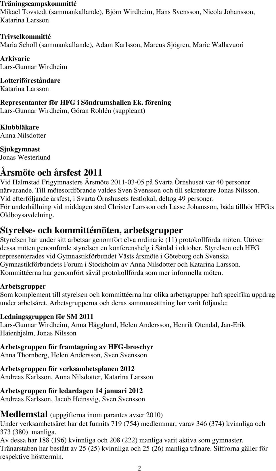 förening Lars-Gunnar Wirdheim, Göran Rohlén (suppleant) Klubbläkare Anna Nilsdotter Sjukgymnast Jonas Westerlund Årsmöte och årsfest 2011 Vid Halmstad Frigymnasters Årsmöte 2011-03-05 på Svarta