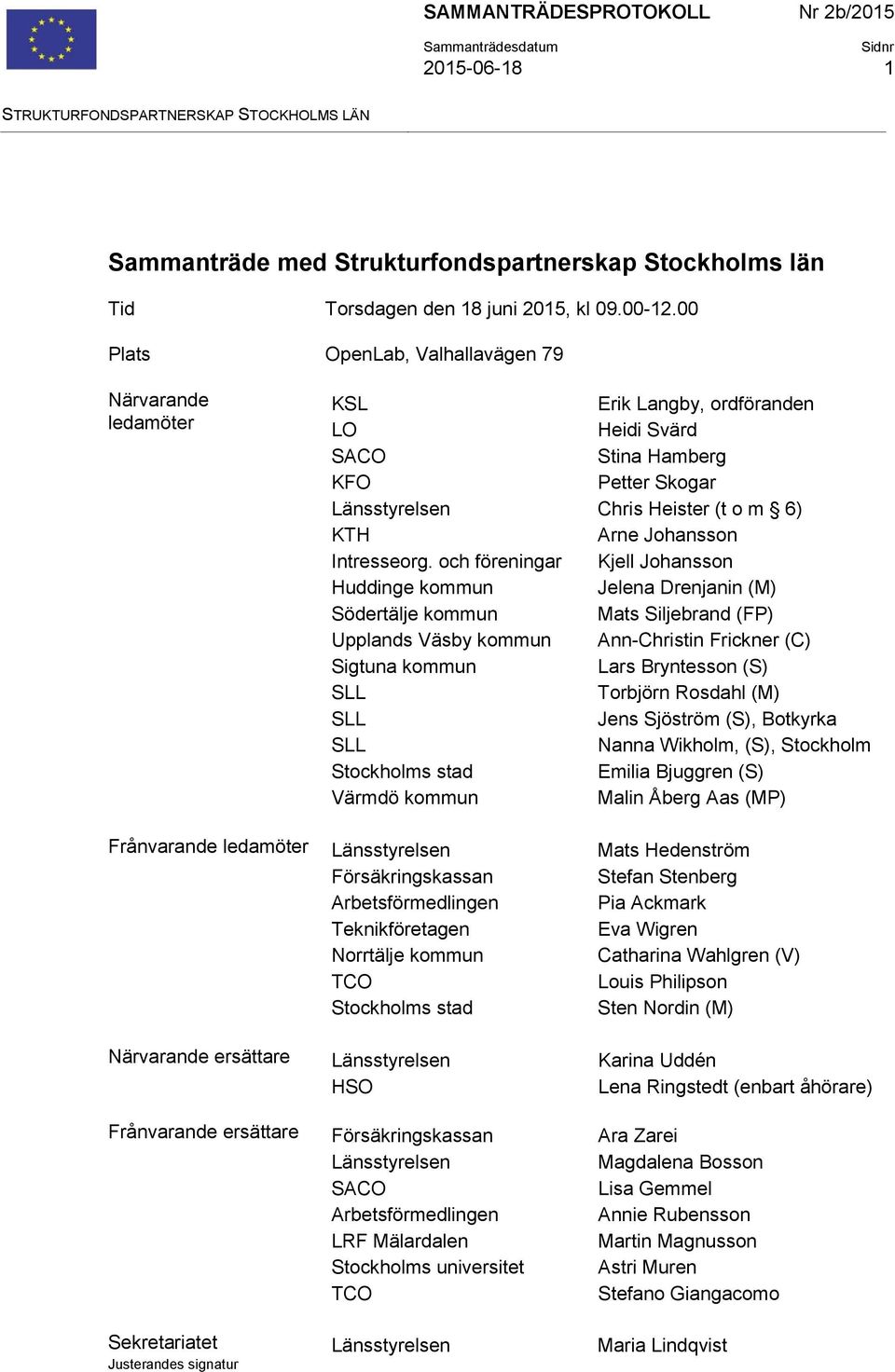 00 Plats OpenLab, Valhallavägen 79 Närvarande ledamöter KSL Erik Langby, ordföranden LO Heidi Svärd SACO Stina Hamberg KFO Petter Skogar Länsstyrelsen Chris Heister (t o m 6) KTH Arne Johansson