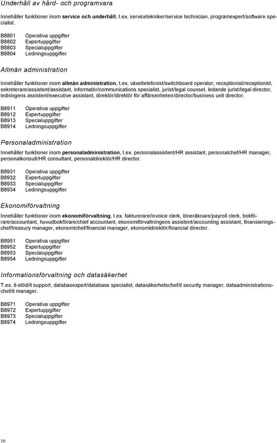 växeltelefonist/switchboard operator, receptionist/receptionist, sekreterare/assistent/assistant, informatör/communications specialist, jurist/legal counsel, ledande jurist/legal director, ledningens