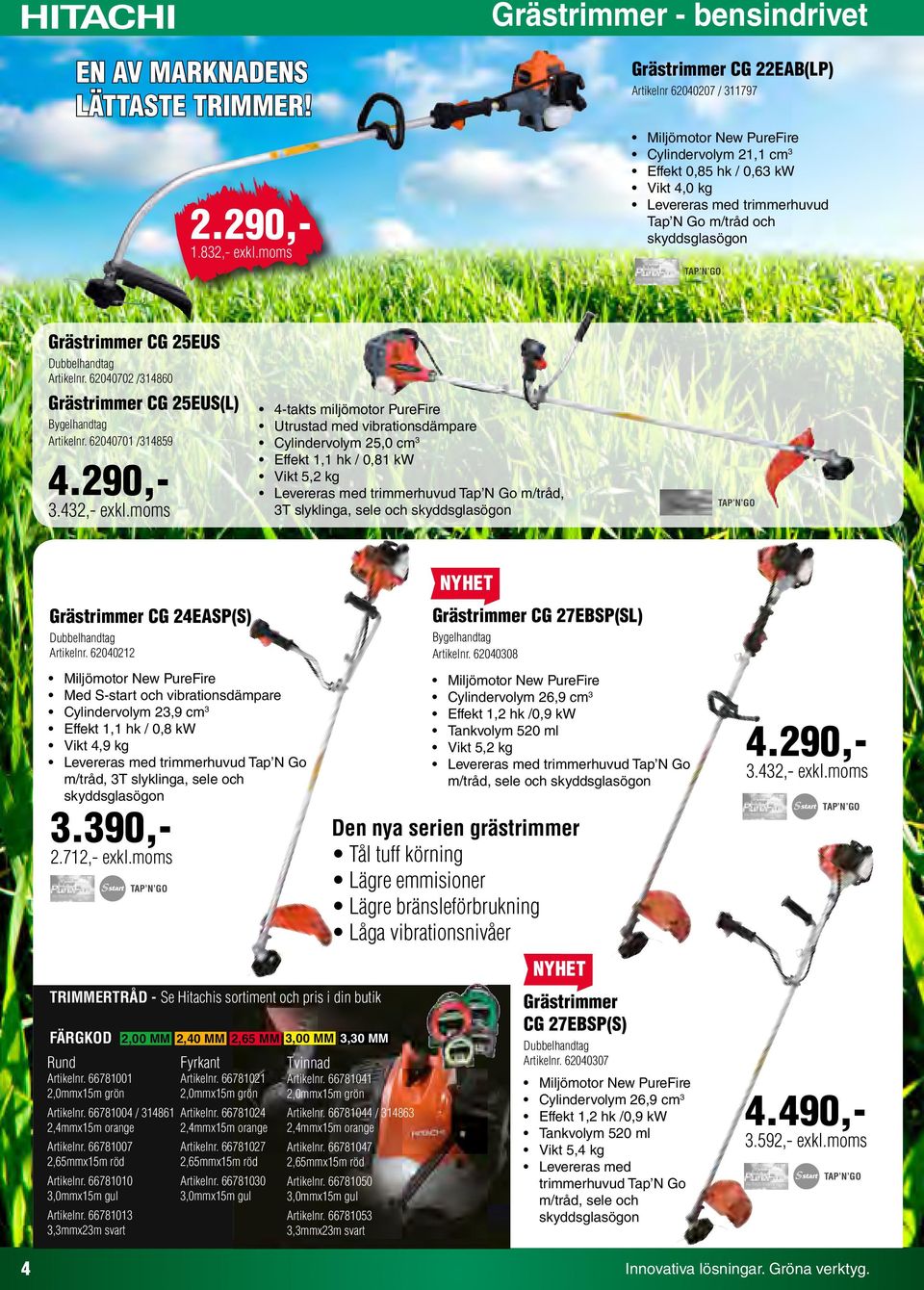 Dubbelhandtag Artikelnr. 62040702 /314860 Grästrimmer CG 25EUS(L) Bygelhandtag Artikelnr. 62040701 /314859 4.290,- 3.432,- exkl.