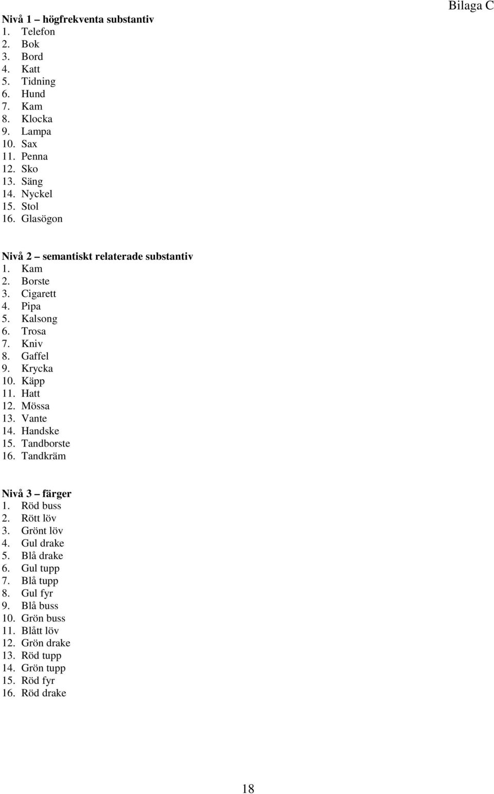 Gaffel 9. Krycka 10. Käpp 11. Hatt 12. Mössa 13. Vante 14. Handske 15. Tandborste 16. Tandkräm Nivå 3 färger 1. Röd buss 2. Rött löv 3. Grönt löv 4.