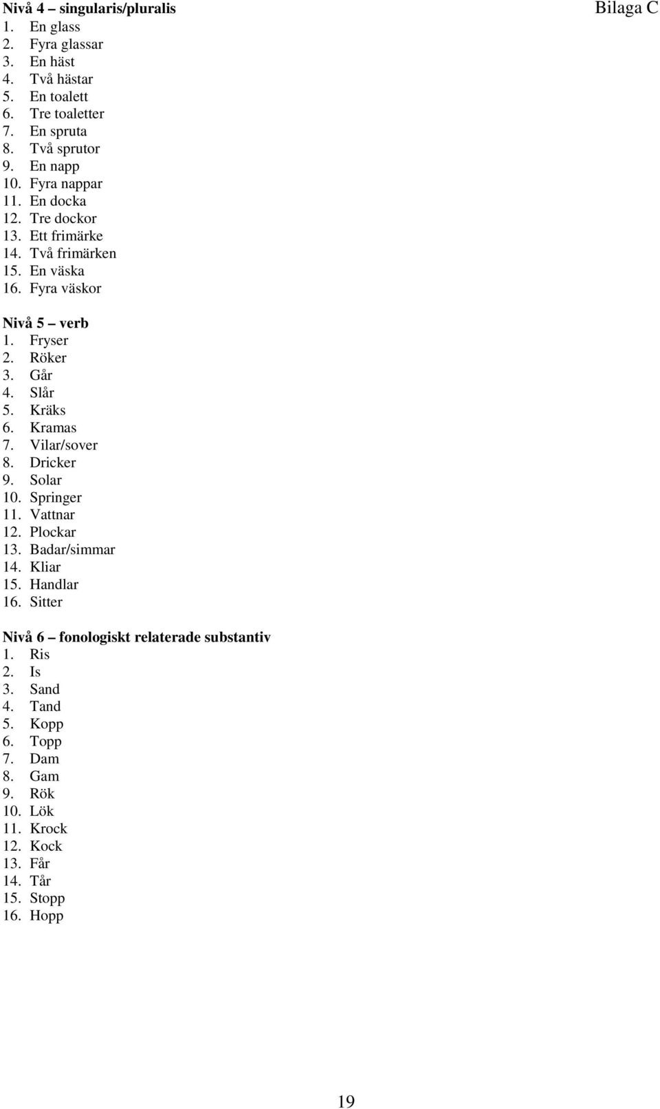 Slår 5. Kräks 6. Kramas 7. Vilar/sover 8. Dricker 9. Solar 10. Springer 11. Vattnar 12. Plockar 13. Badar/simmar 14. Kliar 15. Handlar 16.