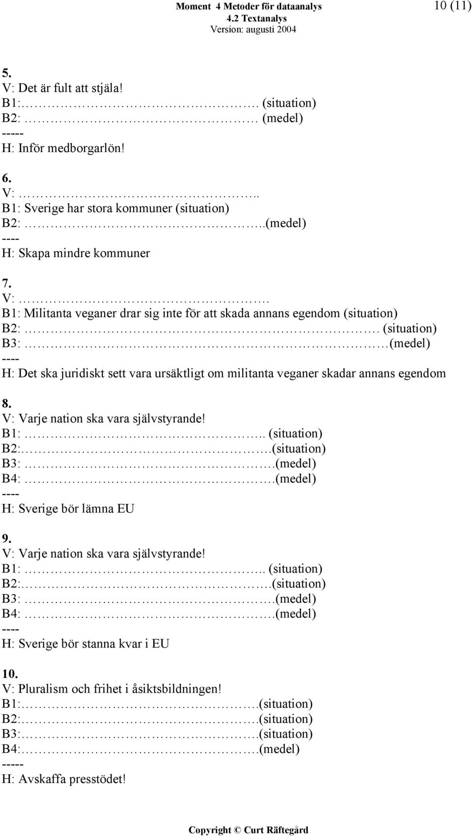 (situation) B3: (medel) ---- H: Det ska juridiskt sett vara ursäktligt om militanta veganer skadar annans egendom 8. V: Varje nation ska vara självstyrande! B1:.. (situation) B2:.(situation) B3:.(medel) B4:.