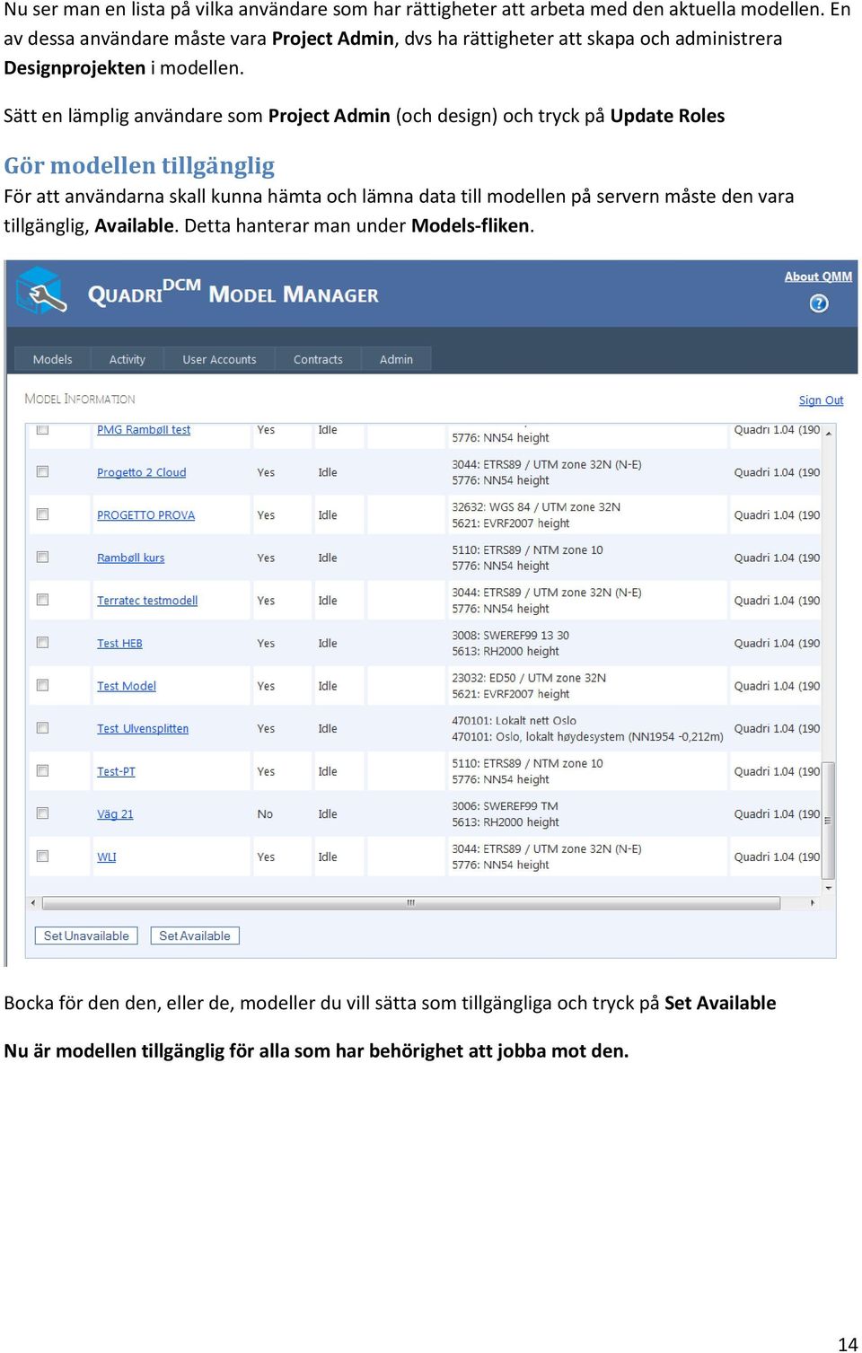 Sätt en lämplig användare som Project Admin (och design) och tryck på Update Roles Gör modellen tillgänglig För att användarna skall kunna hämta och lämna data