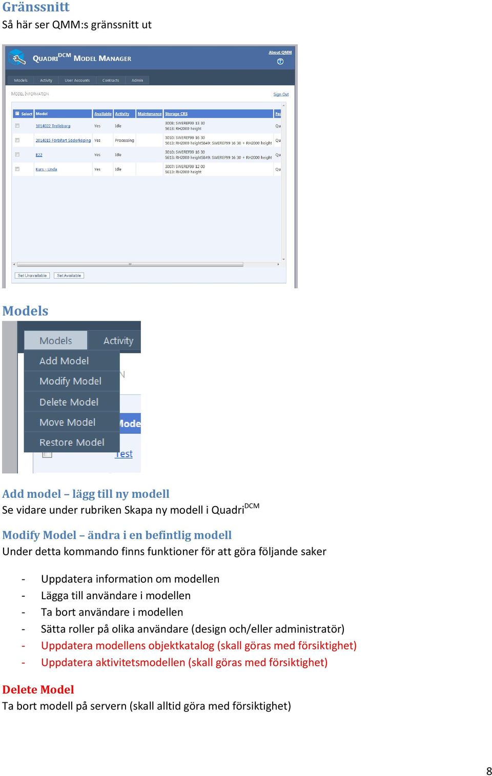 modellen - Ta bort användare i modellen - Sätta roller på olika användare (design och/eller administratör) - Uppdatera modellens objektkatalog (skall