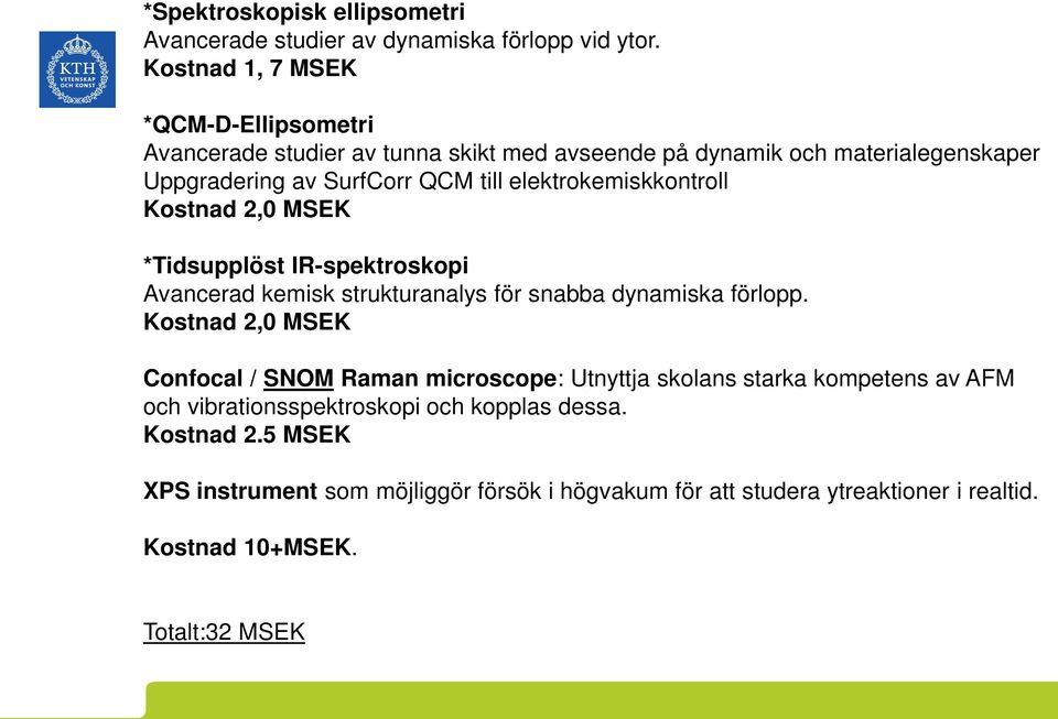 elektrokemiskkontroll Kostnad 2,0 MSEK *Tidsupplöst IR-spektroskopi Avancerad kemisk strukturanalys för snabba dynamiska förlopp.