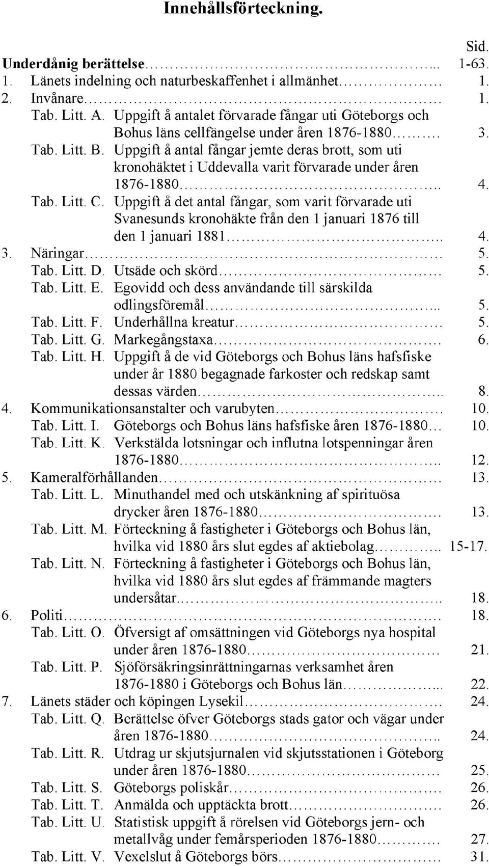 . 4. Tab. Litt. C. Uppgift å det antal fångar, som varit förvarade uti Svanesunds kronohäkte från den 1 januari 1876 till den 1 januari 1881.. 4. 3. Näringar 5. Tab. Litt. D. Utsäde och skörd 5. Tab. Litt. E.