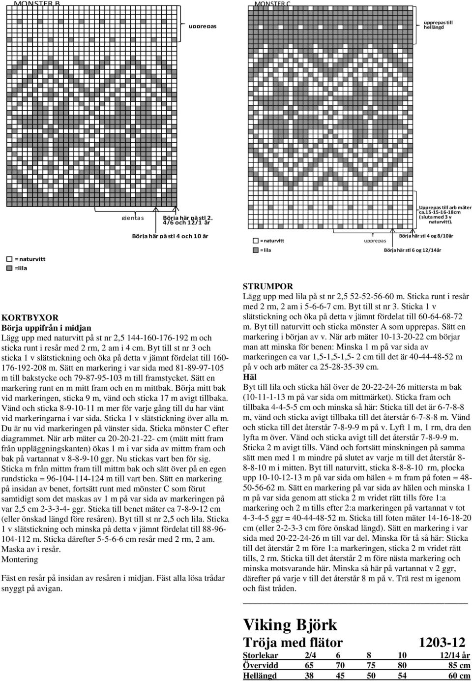 Börja här stl 4 og 8/10år = lila Börja här stl 6 og 12/14år KORTBYXOR Börja uppifrån i midjan Lägg upp med naturvitt på st nr 2,5 144-160-176-192 m och sticka runt i resår med 2 rm, 2 am i 4 cm.