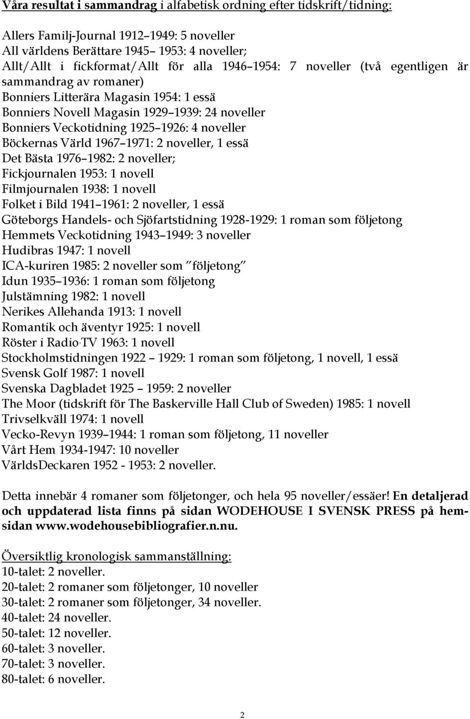 Böckernas Värld 1967 1971: 2 noveller, 1 essä Det Bästa 1976 1982: 2 noveller; Fickjournalen 1953: 1 novell Filmjournalen 1938: 1 novell Folket i Bild 1941 1961: 2 noveller, 1 essä Göteborgs Handels-