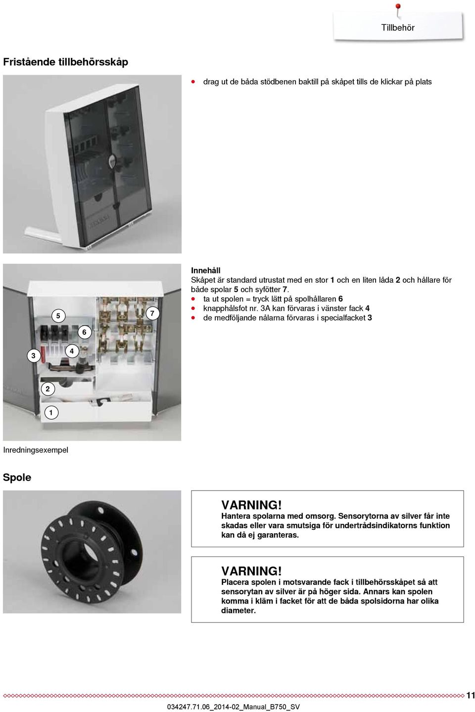 3A kan förvaras i vänster fack 4 de medföljande nålarna förvaras i specialfacket 3 6 3 4 2 1 Inredningsexempel Spole VARNING! Hantera spolarna med omsorg.