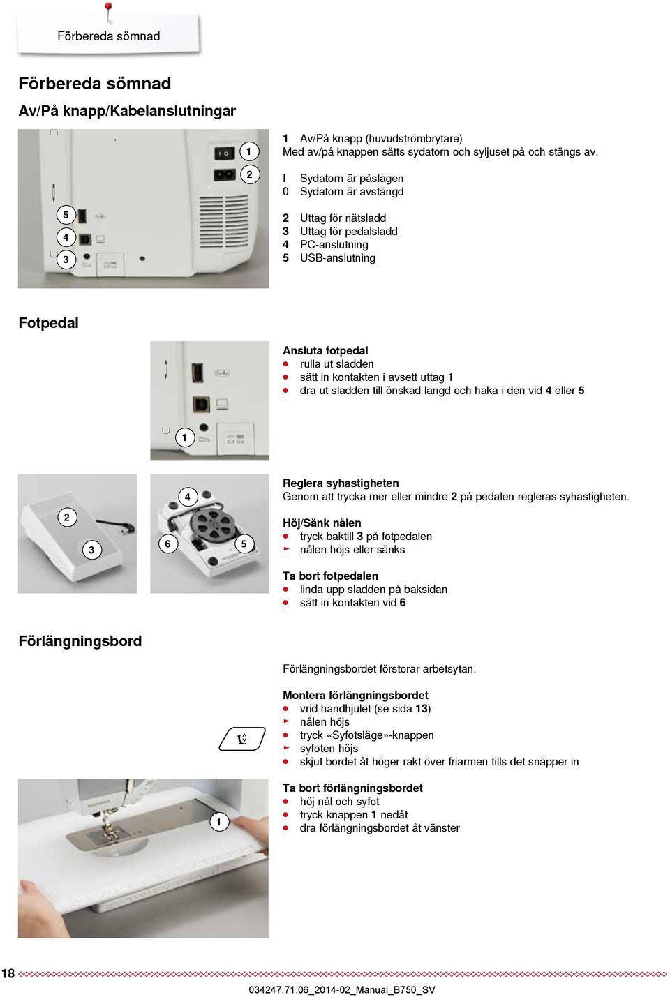 uttag 1 dra ut sladden till önskad längd och haka i den vid 4 eller 5 1 4 Reglera syhastigheten Genom att trycka mer eller mindre 2 på pedalen regleras syhastigheten.