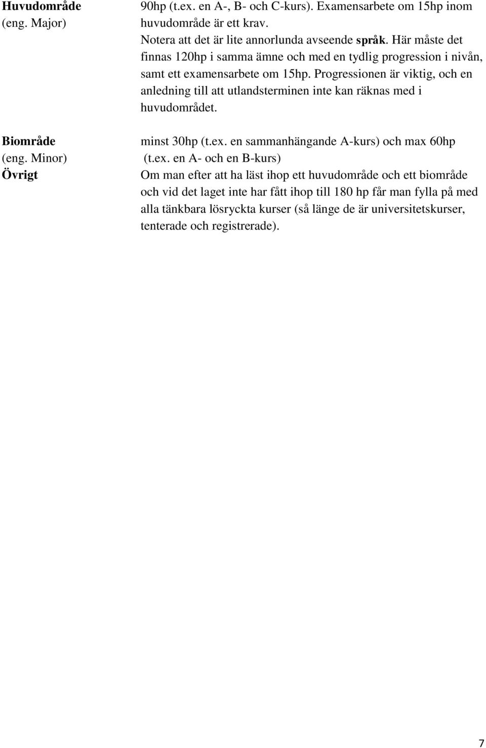 Progressionen är viktig, och en anledning till att utlandsterminen inte kan räknas med i huvudområdet. minst 30hp (t.ex.