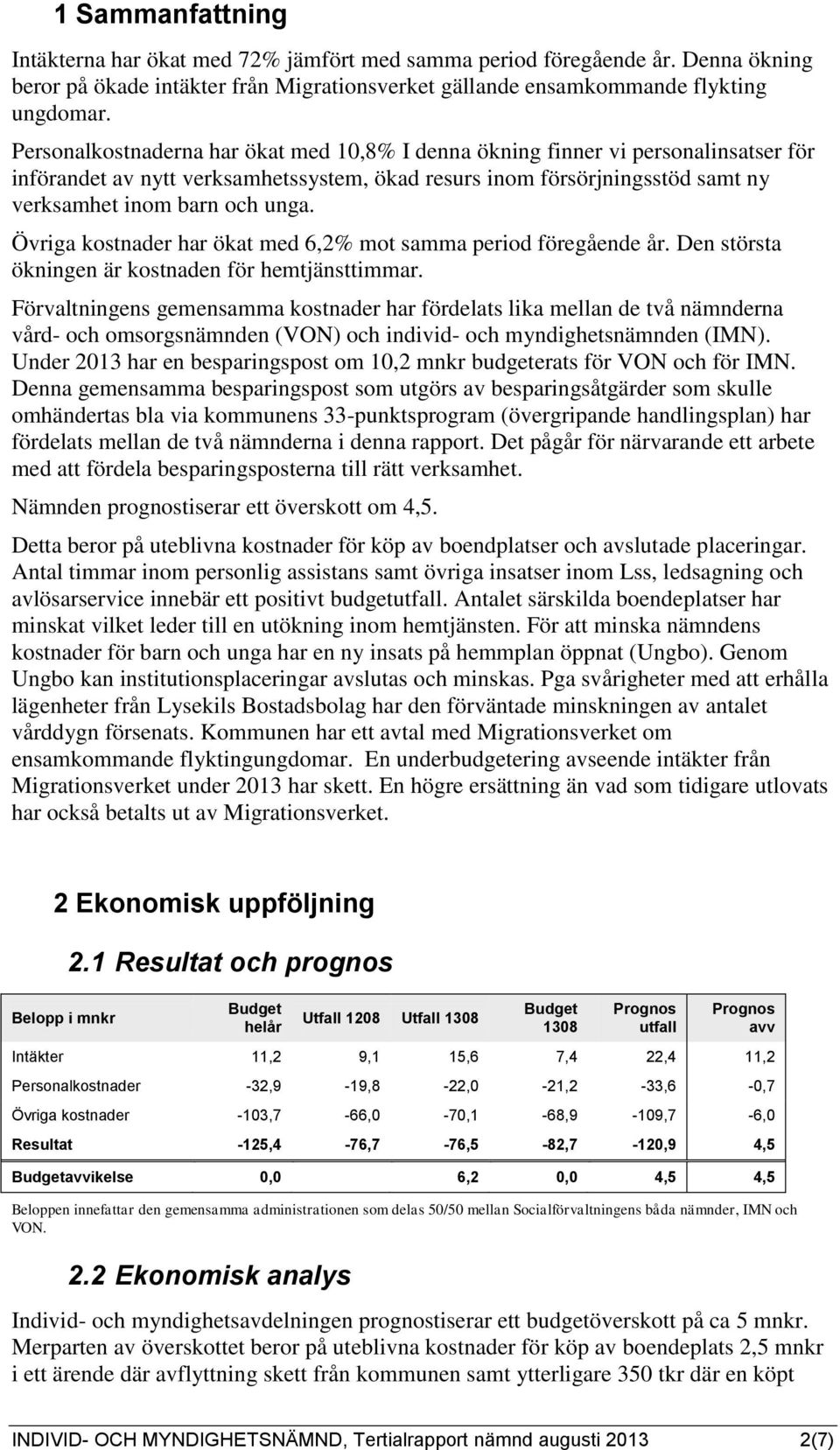 Övriga kostnader har ökat med 6,2% mot samma period föregående år. Den största ökningen är kostnaden för hemtjänsttimmar.