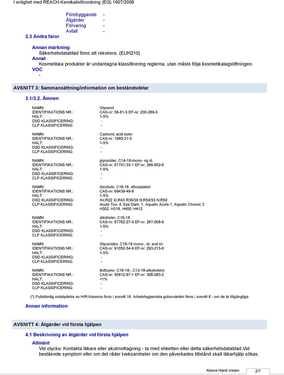 : CASnr: 56815 EFnr: 2002895 HALT: 15% DSD KLASSIFICERING: CLP KLASSIFICERING: IDENTIFIKATIONS NR.