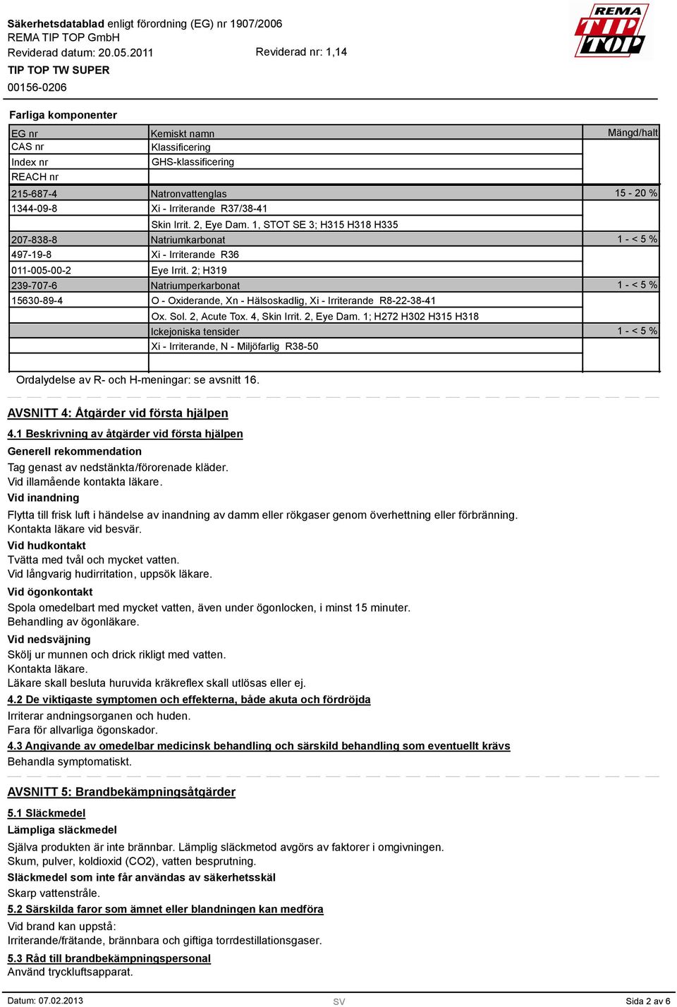 2; H319 Natriumperkarbonat O - Oxiderande, Xn - Hälsoskadlig, Xi - Irriterande R8-22-38-41 Ox. Sol. 2, Acute Tox. 4, Skin Irrit. 2, Eye Dam.