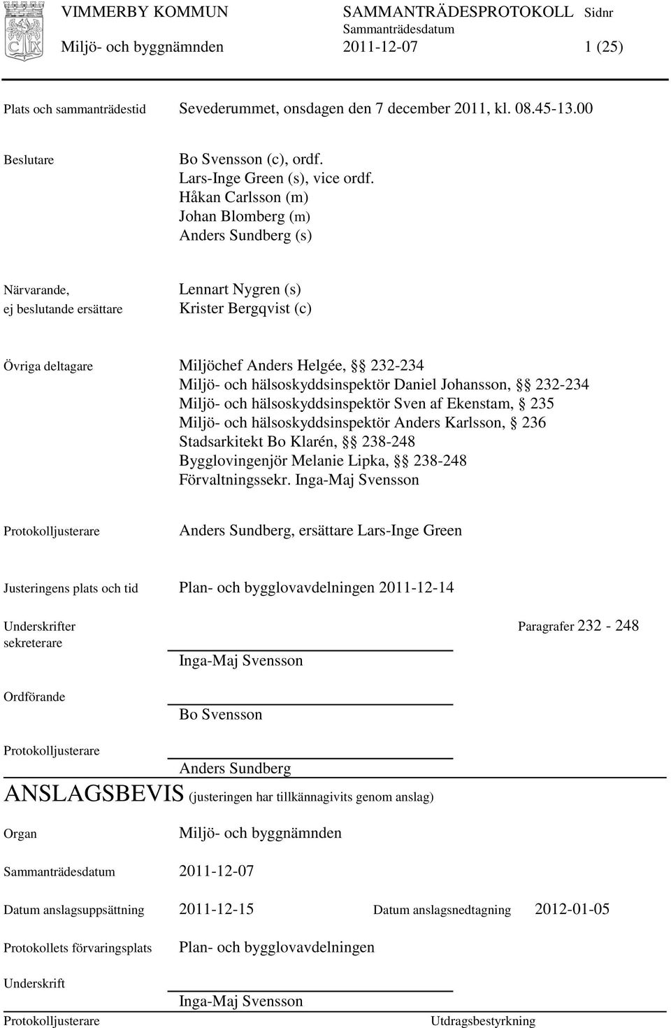 hälsoskyddsinspektör Daniel Johansson, 232-234 Miljö- och hälsoskyddsinspektör Sven af Ekenstam, 235 Miljö- och hälsoskyddsinspektör Anders Karlsson, 236 Stadsarkitekt Bo Klarén, 238-248