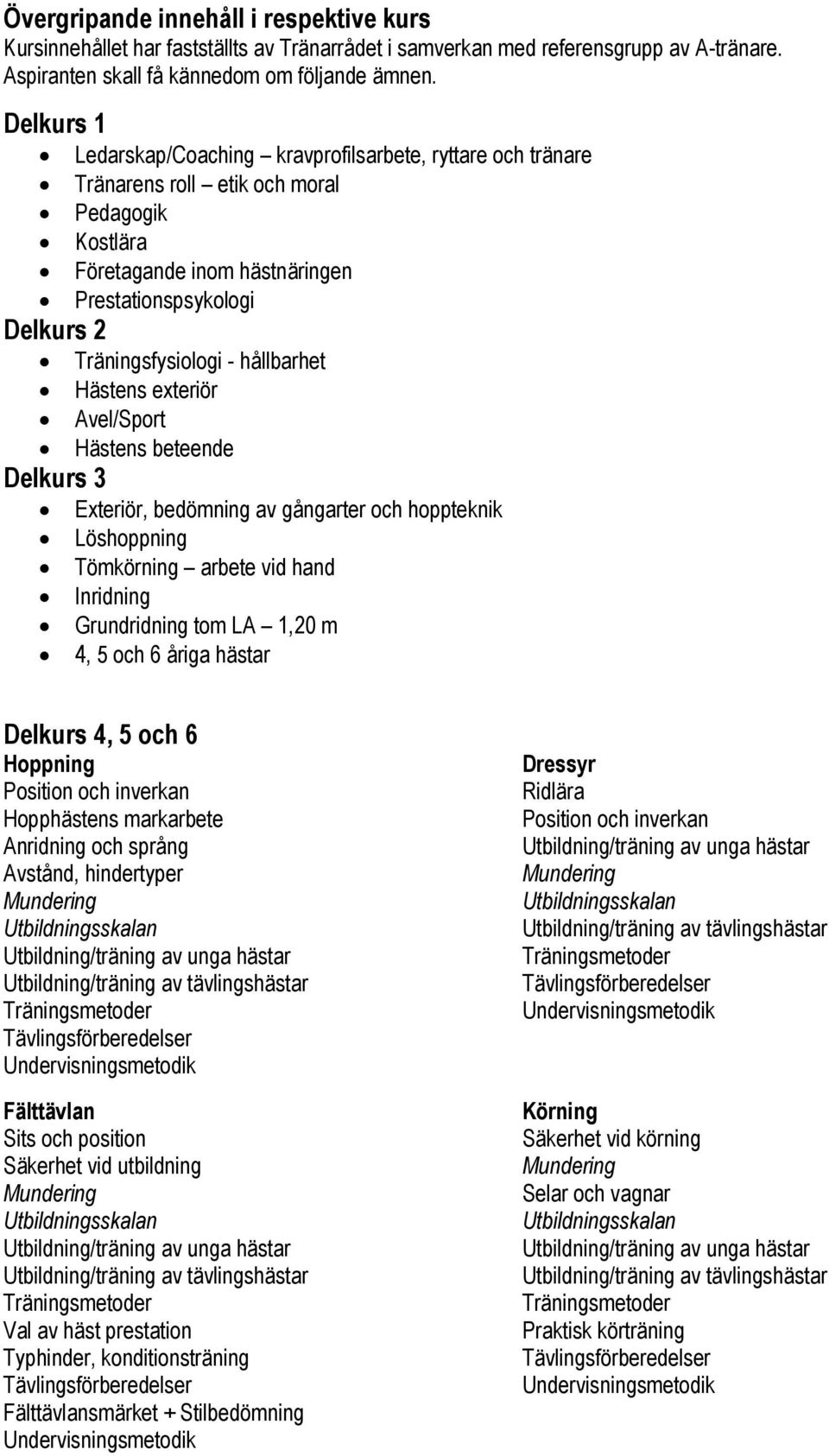 Träningsfysiologi - hållbarhet Hästens exteriör Avel/Sport Hästens beteende Exteriör, bedömning av gångarter och hoppteknik Löshoppning Tömkörning arbete vid hand Inridning Grundridning tom LA 1,20 m