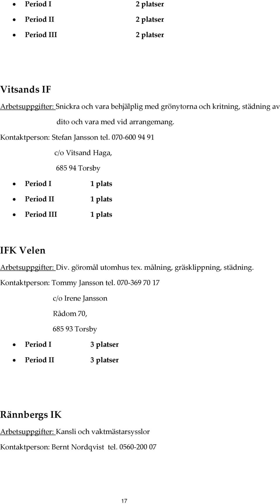070 600 94 91 c/o Vitsand Haga, 685 94 Torsby Period II 1 plats Period III 1 plats IFK Velen Arbetsuppgifter: Div. göromål utomhus tex.