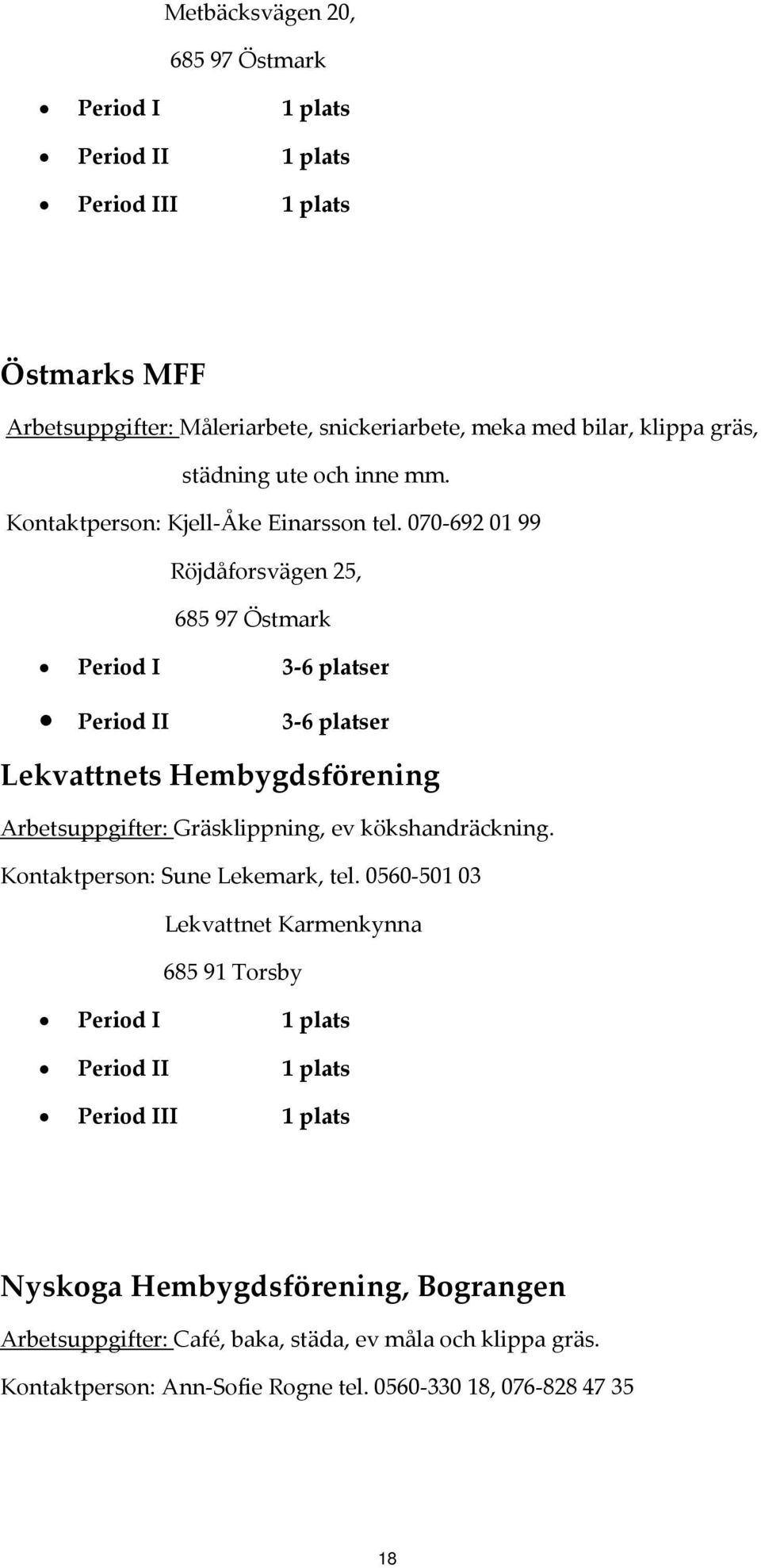 070 692 01 99 Röjdåforsvägen 25, 685 97 Östmark Period I 3 6 platser Period II 3 6 platser Lekvattnets Hembygdsförening Arbetsuppgifter: Gräsklippning, ev