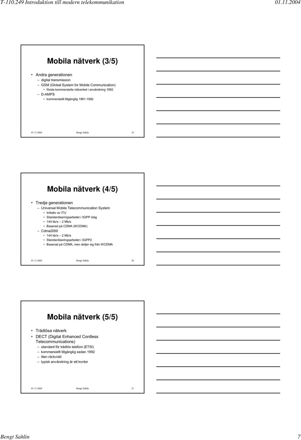 2004 Bengt Sahlin 19 Mobila nätverk (4/5) Tredje generationen Universal Mobile Telecommunication System Initiativ av ITU Standardiseringsarbetet i 3GPP idag 144 kb/s 2 Mb/s Baserad på CDMA