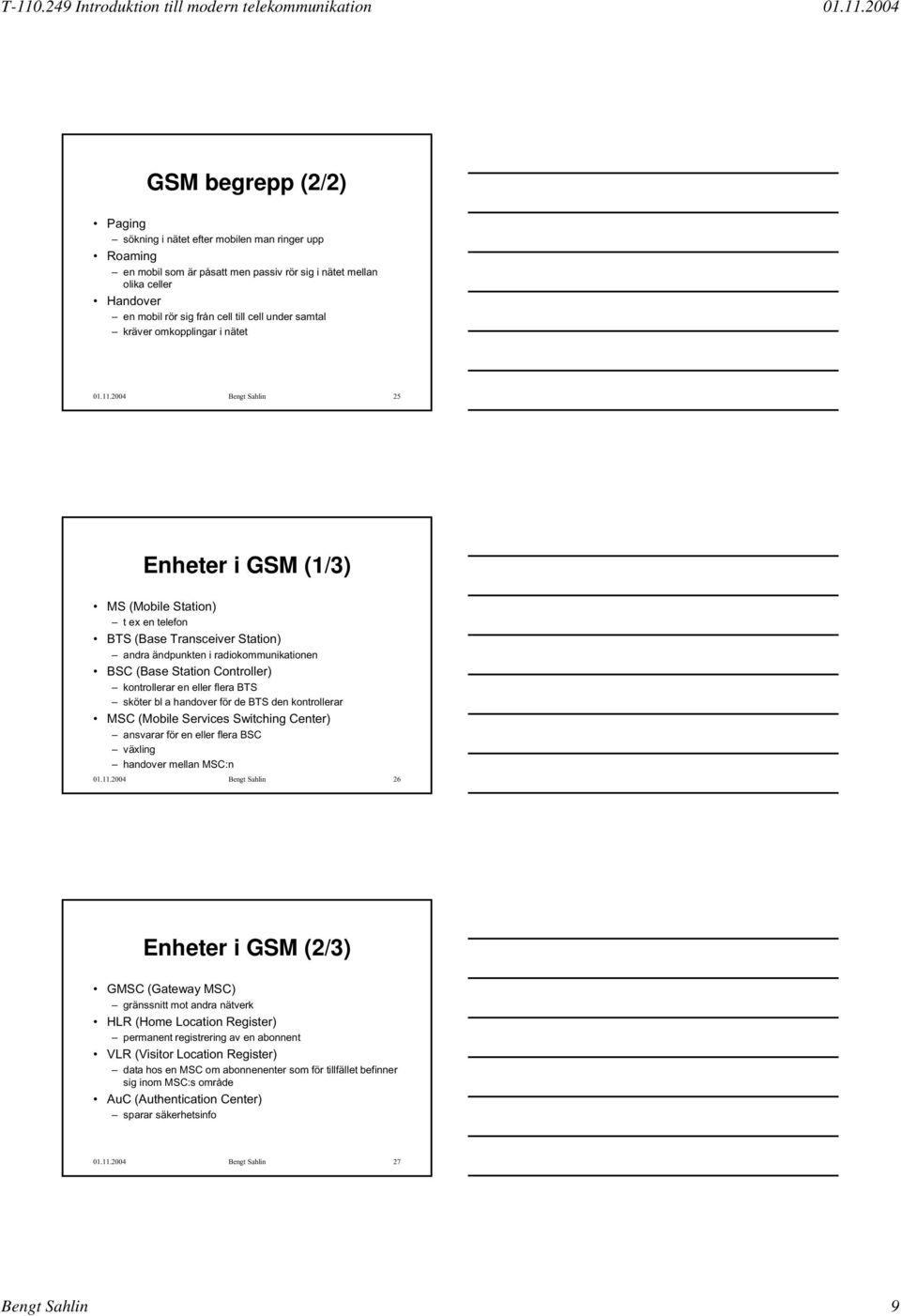 2004 Bengt Sahlin 25 Enheter i GSM (1/3) MS (Mobile Station) t ex en telefon BTS (Base Transceiver Station) andra ändpunkten i radiokommunikationen BSC (Base Station Controller) kontrollerar en eller