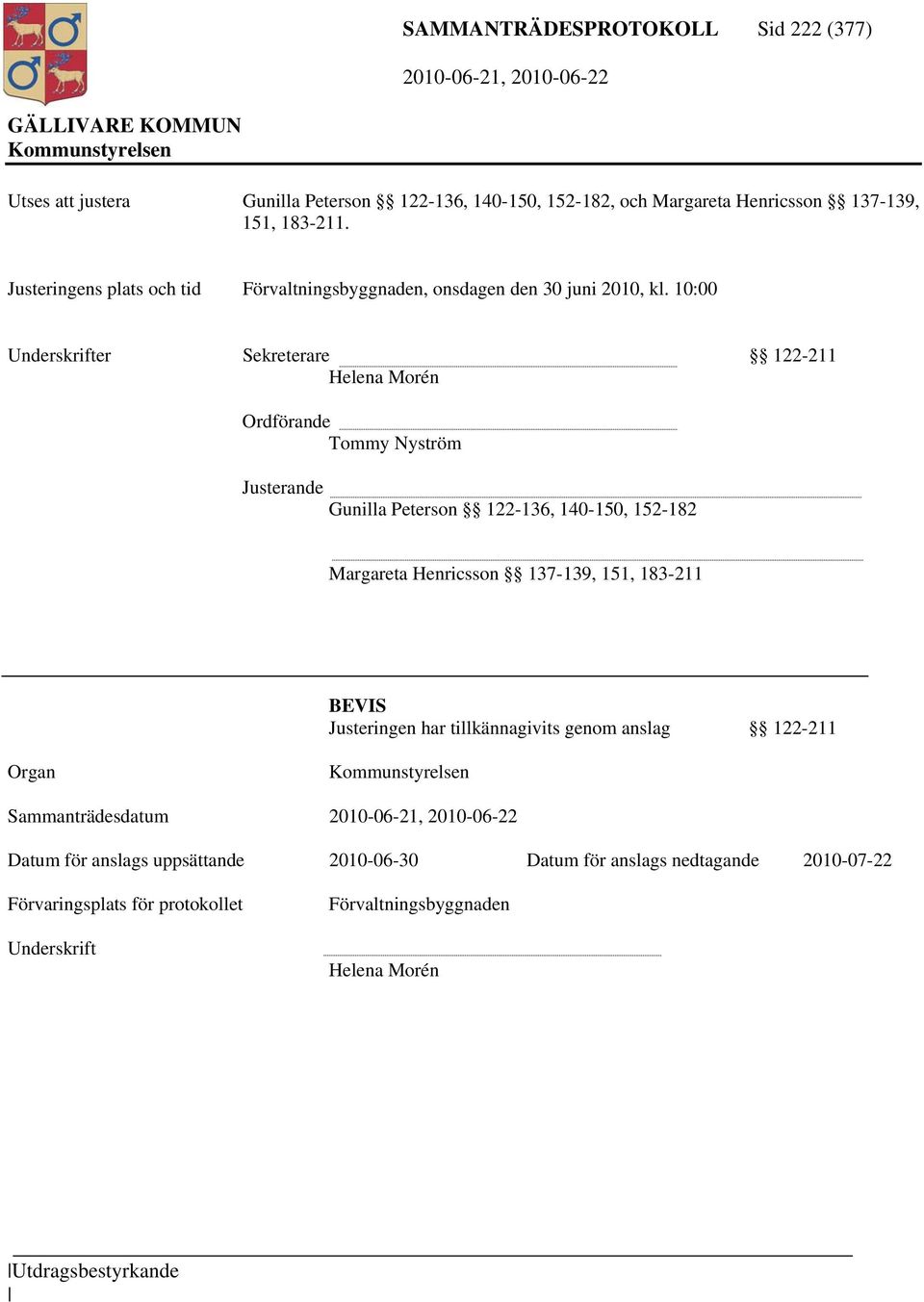 10:00 Underskrifter Sekreterare 122-211 Helena Morén Ordförande Tommy Nyström Justerande Gunilla Peterson 122-136, 140-150, 152-182 Margareta Henricsson 137-139,