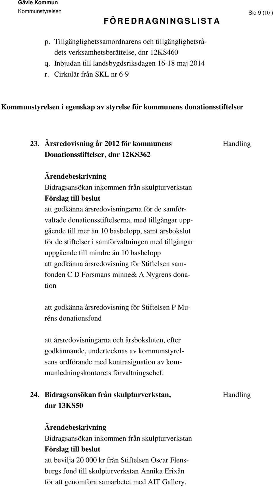 Årsredovisning år 2012 för kommunens Handling Donationsstiftelser, dnr 12KS362 Bidragsansökan inkommen från skulpturverkstan att godkänna årsredovisningarna för de samförvaltade