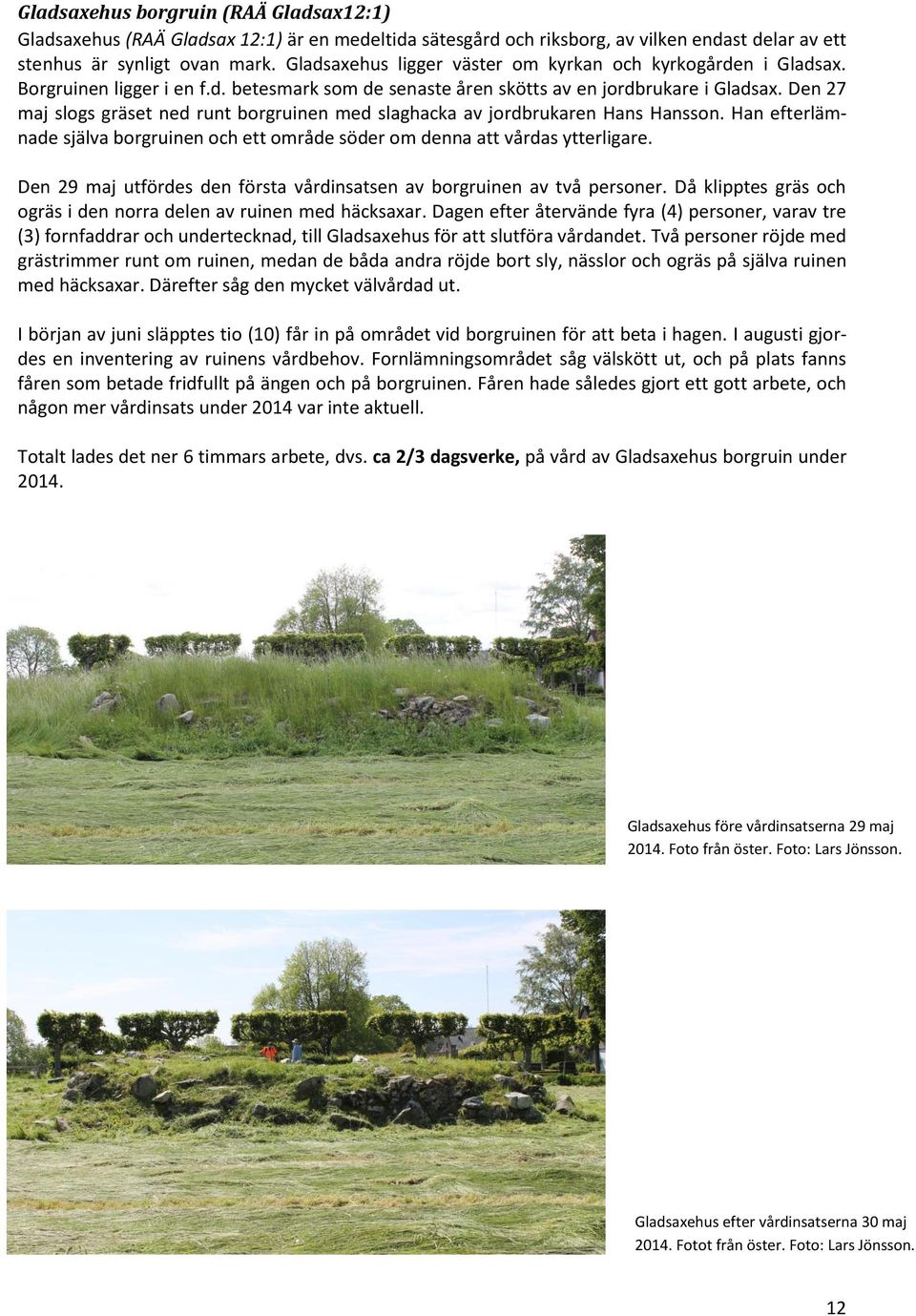Den 27 maj slogs gräset ned runt borgruinen med slaghacka av jordbrukaren Hans Hansson. Han efterlämnade själva borgruinen och ett område söder om denna att vårdas ytterligare.
