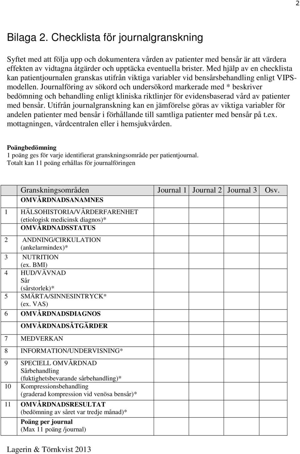 Journalföring av sökord och undersökord markerade med * beskriver bedömning och behandling enligt kliniska riktlinjer för evidensbaserad vård av patienter med bensår.