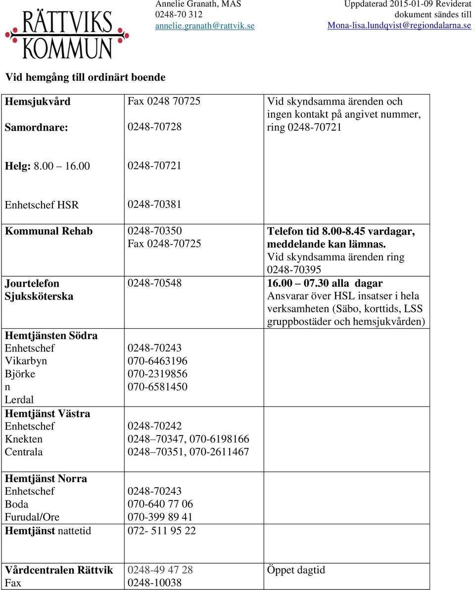 00 0248-70721 HSR 0248-70381 0248-70725 Hemtjänsten Södra Vikarbyn Björke n Lerdal Hemtjänst Västra Knekten Centrala 0248-70243