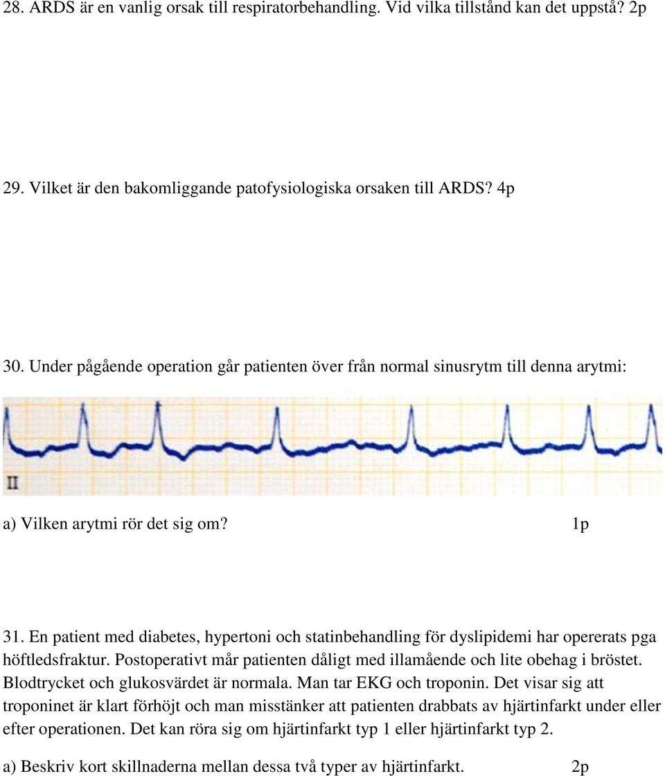 En patient med diabetes, hypertoni och statinbehandling för dyslipidemi har opererats pga höftledsfraktur. Postoperativt mår patienten dåligt med illamående och lite obehag i bröstet.