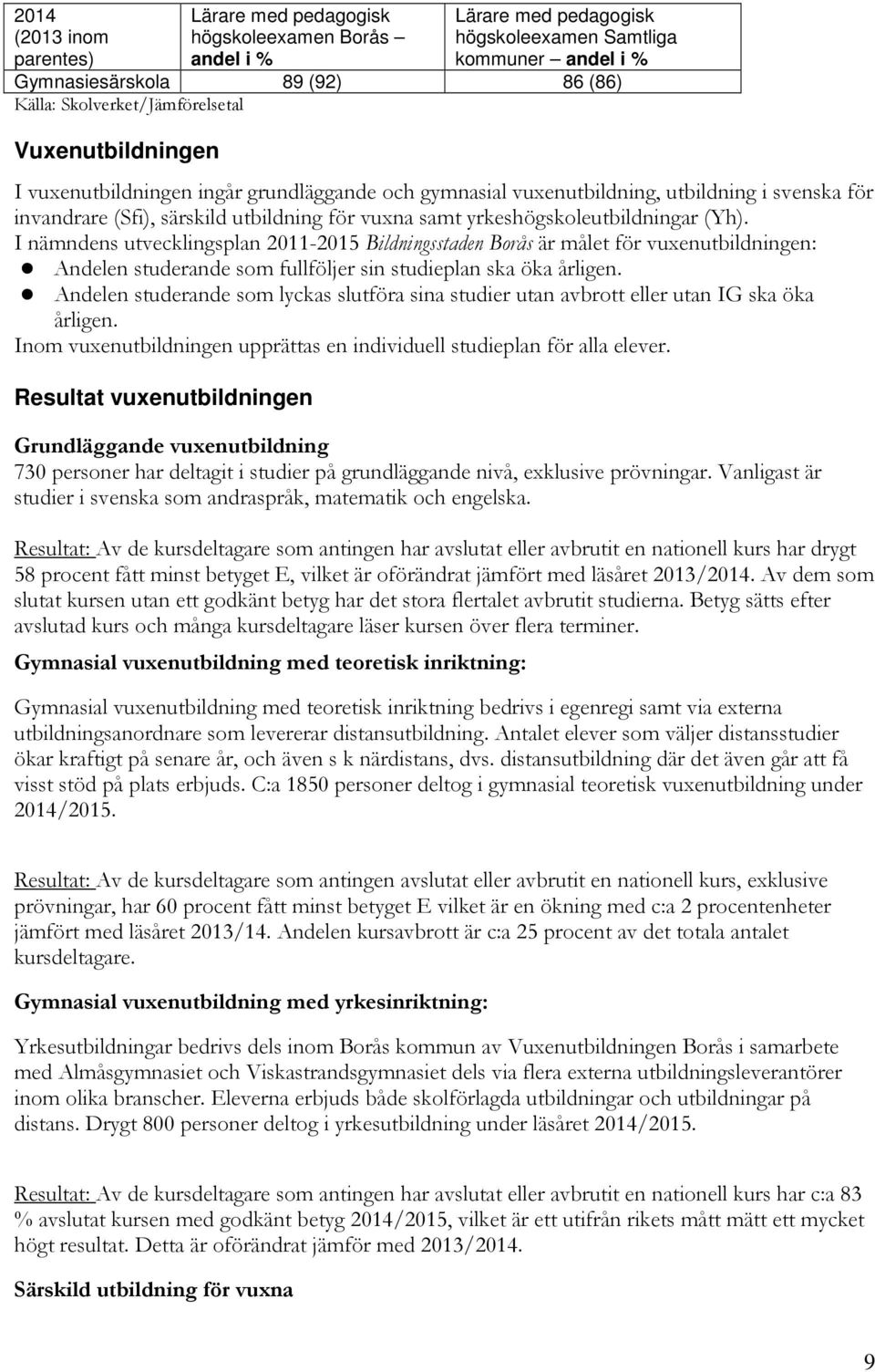 yrkeshögskoleutbildningar (Yh). I nämndens utvecklingsplan 2011-2015 Bildningsstaden Borås är målet för vuxenutbildningen: Andelen studerande som fullföljer sin studieplan ska öka årligen.