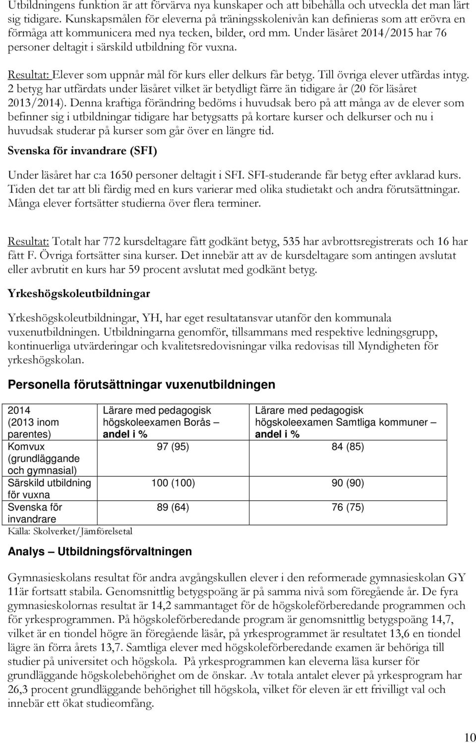 Under läsåret 2014/2015 har 76 personer deltagit i särskild utbildning för vuxna. Resultat: Elever som uppnår mål för kurs eller delkurs får betyg. Till övriga elever utfärdas intyg.