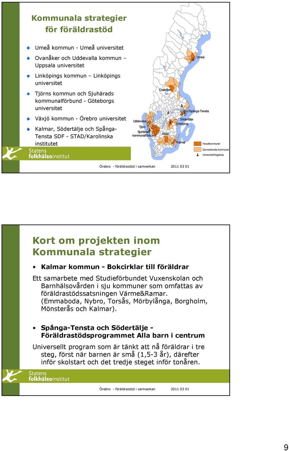 kommunalförbund Växjö Södertälje Linköping Kalmar Huvudkommuner Samverkande kommuner Universitet/högskola Kort om projekten inom Kommunala strategier Kalmar kommun - Bokcirklar till föräldrar Ett