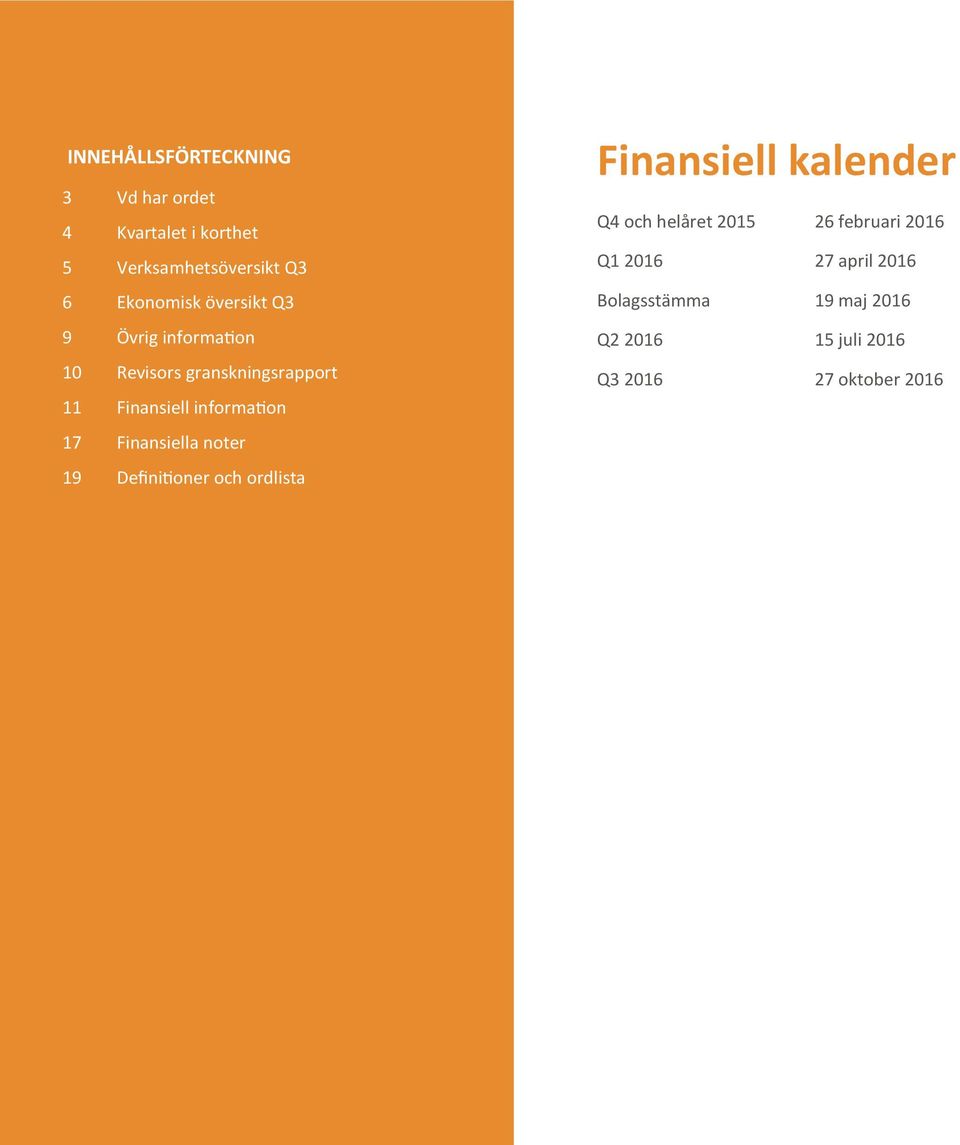 Finansiella noter 19 Definitioner och ordlista Finansiell kalender Q4 och helåret 2015 26