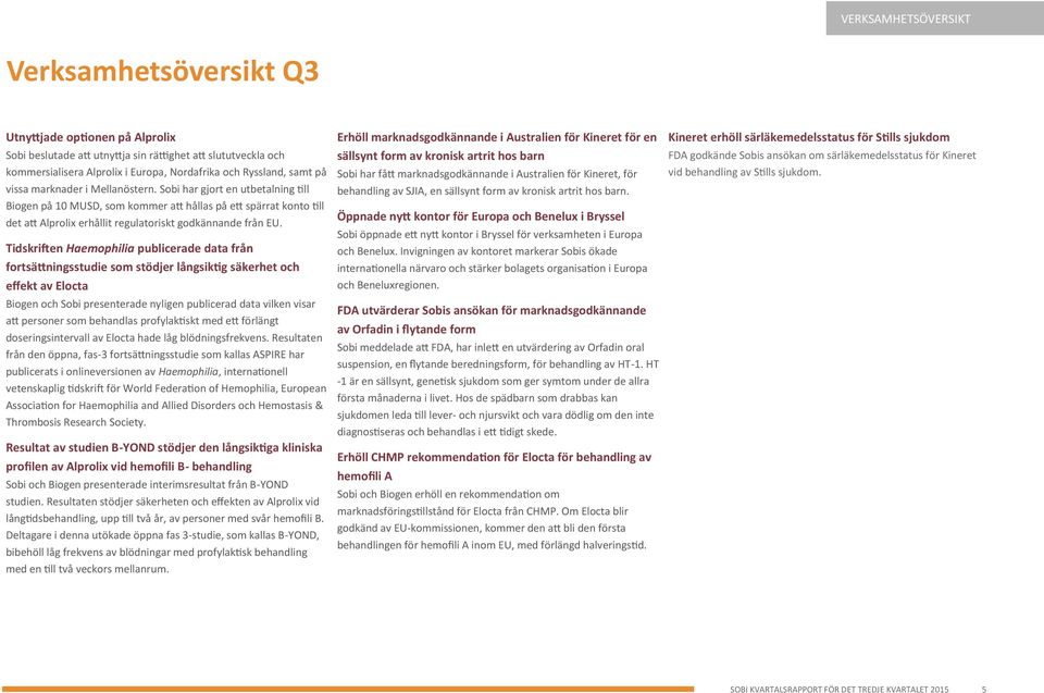 Sobi har gjort en utbetalning till Biogen på 10 MUSD, som kommer att hållas på ett spärrat konto till det att Alprolix erhållit regulatoriskt godkännande från EU.