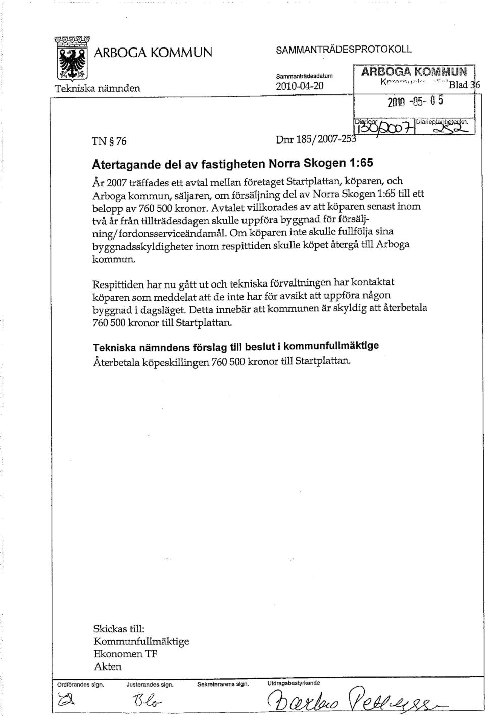 TN 76 Dnr 185/2007-25 U ol o^ Återtagande del av fastigheten Norra Skogen 1:65 År 2007 träffades ett avtal mellan företaget Startplattan, köparen, och Arboga kommun, säljaren, om försäljning del av