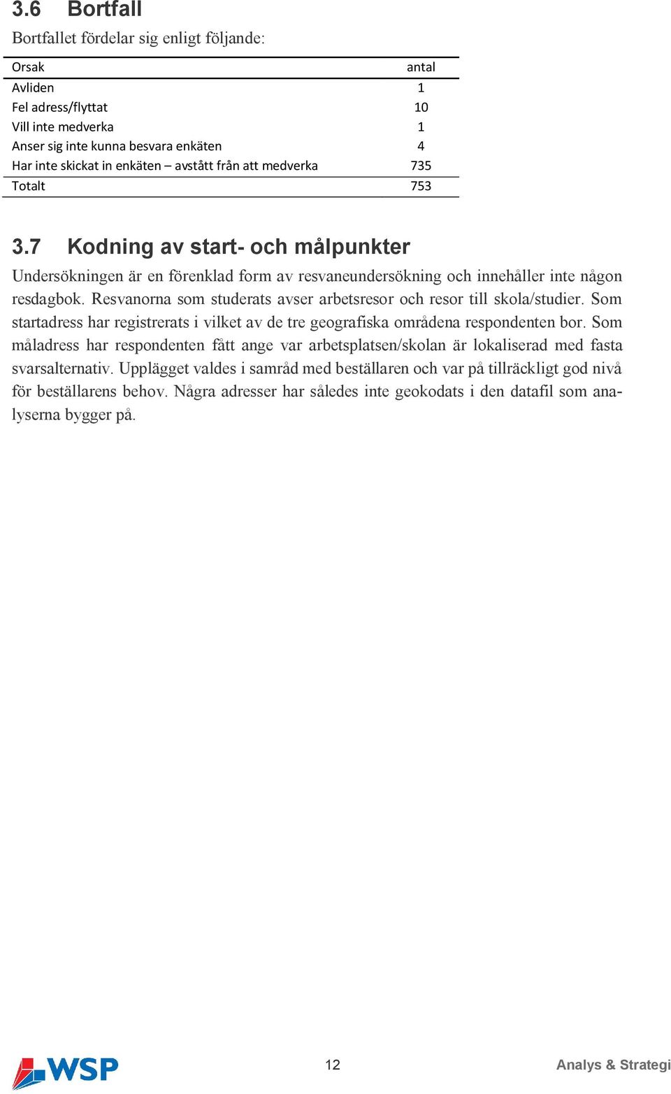 Resvanorna som studerats avser arbetsresor och resor till skola/studier. Som startadress har registrerats i vilket av de tre geografiska områdena respondenten bor.