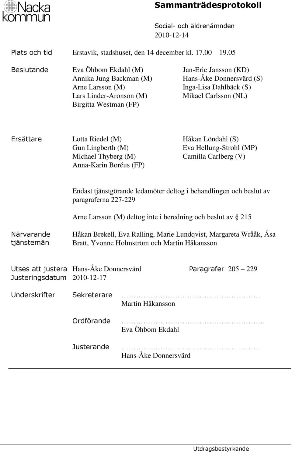 Westman (FP) Ersättare Lotta Riedel (M) Håkan Löndahl (S) Gun Lingberth (M) Eva Hellung-Strohl (MP) Michael Thyberg (M) Camilla Carlberg (V) Anna-Karin Boréus (FP) Endast tjänstgörande ledamöter