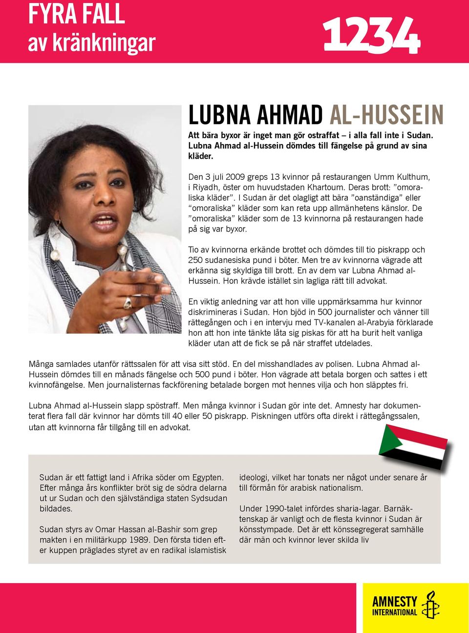 I Sudan är det olagligt att bära oanständiga eller omoraliska kläder som kan reta upp allmänhetens känslor. De omoraliska kläder som de 13 kvinnorna på restaurangen hade på sig var byxor.