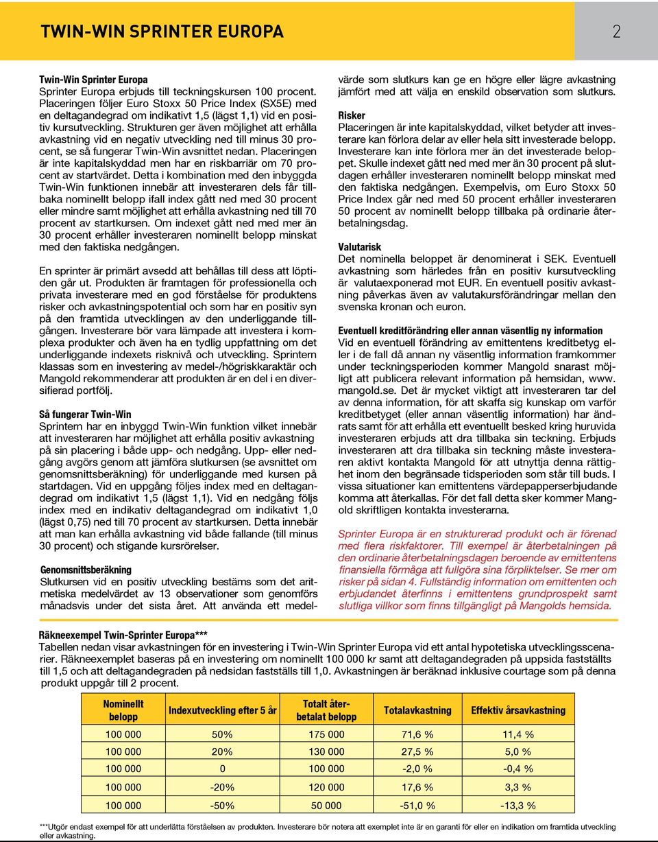 Strukturen ger även möjlighet att erhålla avkastning vid en negativ utveckling ned till minus 30 procent, se så fungerar Twin-Win avsnittet nedan.