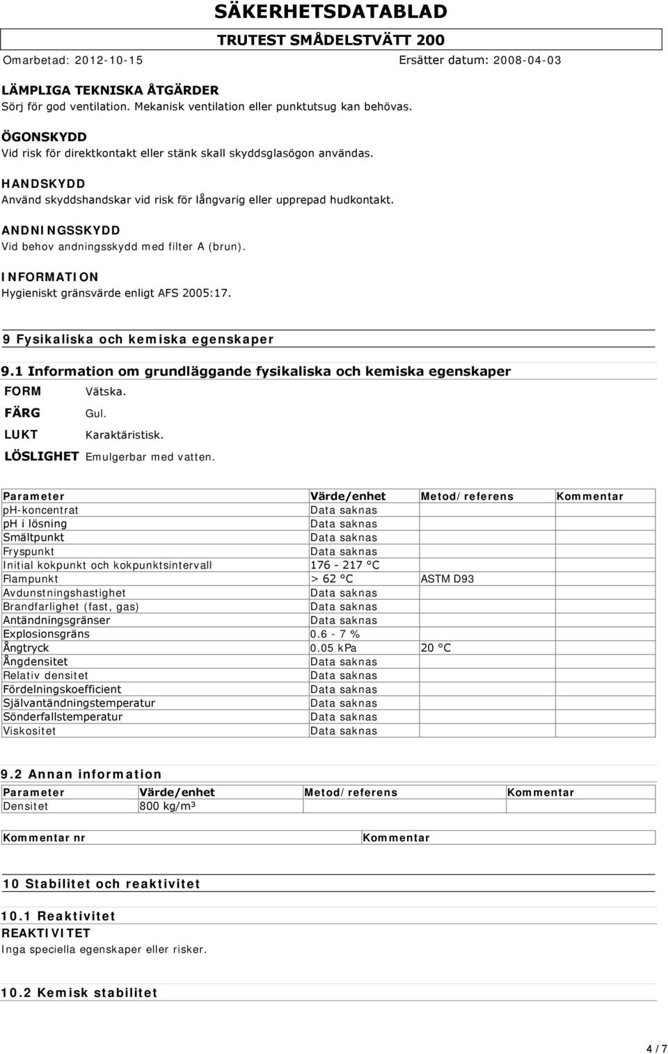 9 Fysikaliska och kemiska egenskaper 9.1 Information om grundläggande fysikaliska och kemiska egenskaper FORM Vätska. FÄRG Gul. LUKT Karaktäristisk. LÖSLIGHET Emulgerbar med vatten.