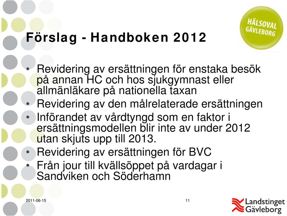 vårdtyngd som en faktor i ersättningsmodellen blir inte av under 2012 utan skjuts upp till 2013.